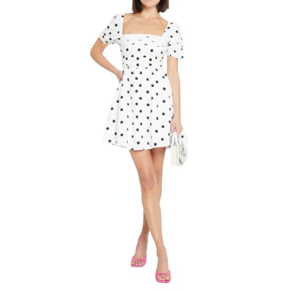 NWT O.P.T. White Black Polka Dot River Pleated Mini Dress - Picture 1 of 9